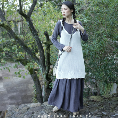 观山也｜亚麻长袖秋冬内搭连衣裙叠搭吊带针织衫文艺新品宽松套装