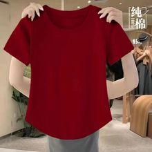 100%纯棉短袖t恤女2025新款热卖圆弧下摆女士宽松遮肉圆领彩色衫