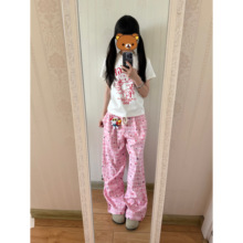 美式复古条纹格子拼色阔腿裤女夏季薄款百搭垂感直筒宽松休闲长裤