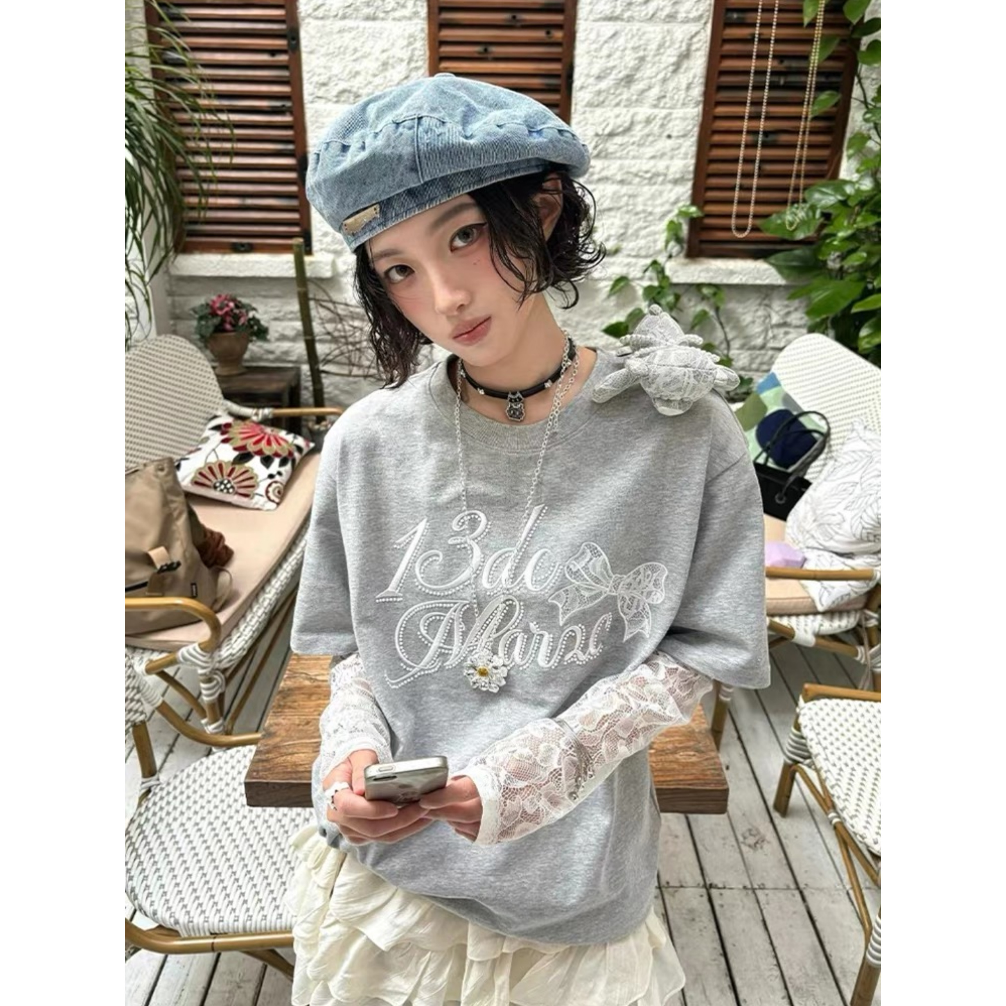 假两件灰色蕾丝拼接短袖女t恤夏