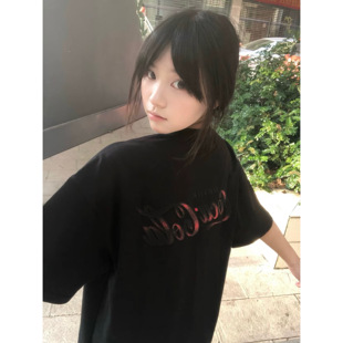 美式 宽松情侣潮牌ins纯棉上衣 高街黑色渐变字母刺绣短袖 t恤女夏季