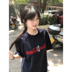美式复古字母刺绣小熊短袖女t恤夏宽松慵懒风设计感小众纯棉上衣