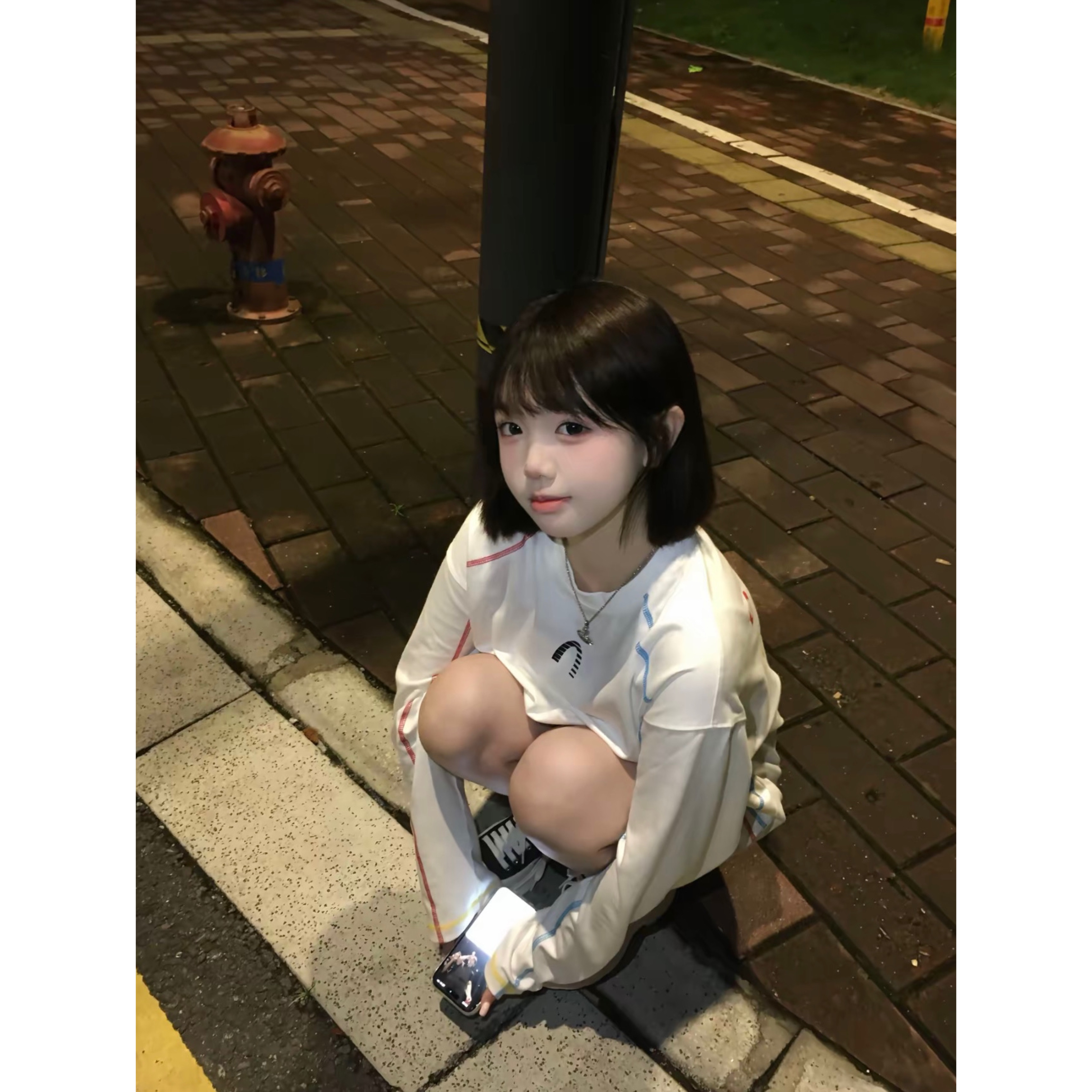 国潮牌彩色哈苏线白色长袖t恤女
