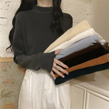 德绒半高领打底衫女式春秋冬内搭休闲长袖T恤女保暖可外穿上衣女