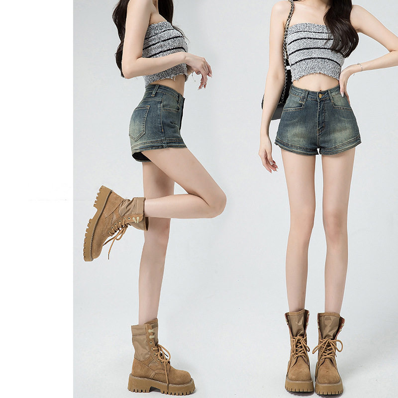 美式复古牛仔短裤女夏季新款薄款外穿高腰紧身a字超短辣妹热裤子