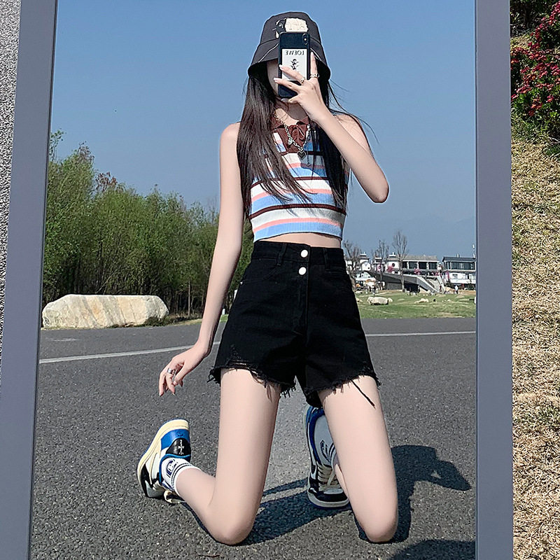 黑色高腰破洞牛仔短裤女2026夏季新款宽松阔腿辣妹显瘦A字热裤子
