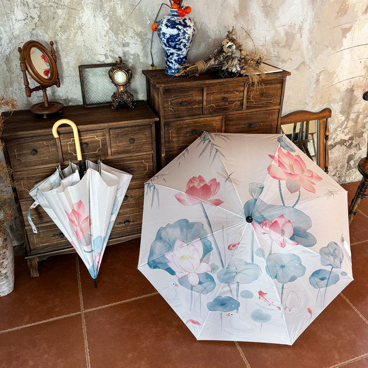 中式意境荷叶~长柄伞女加固抗风自动雨伞结实弯柄晴雨两用直杆伞