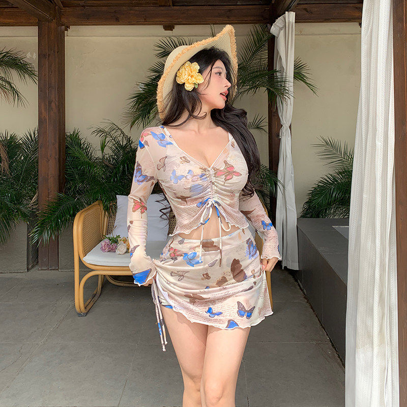 绝美泳衣女分体三件套性感辣妹长袖罩衫防晒大码胖mm显瘦海边度假