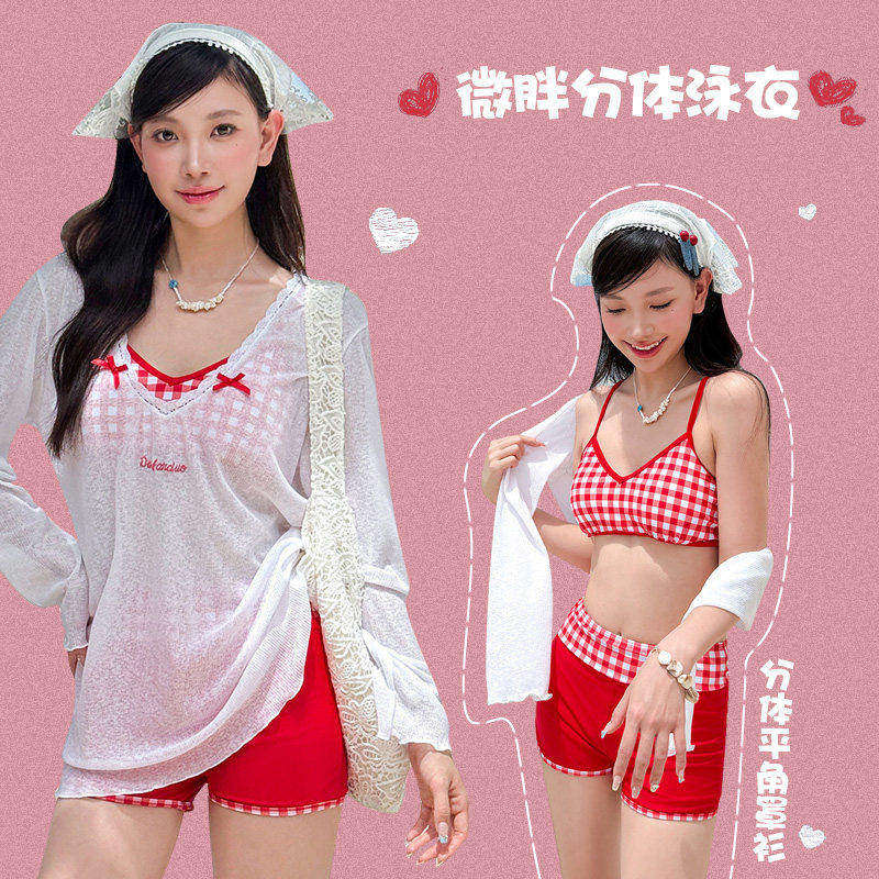 微胖女孩泳衣女款大码胖mm分体长袖罩衫三件套保守遮肚肉显瘦学生
