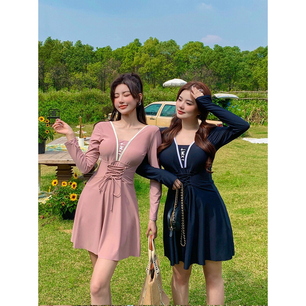 少女保守运动泳衣女长袖防晒大码胖mm200斤显瘦遮肚连体裙式度假