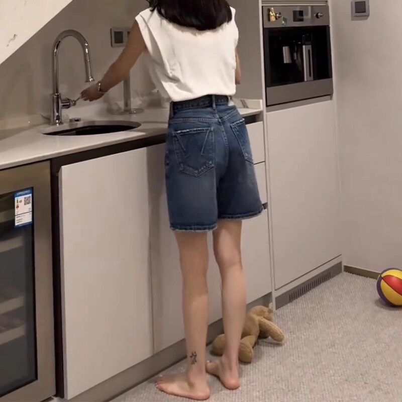 欧货口袋磨破四分阔腿牛仔裤女夏季洋气高腰休闲百搭显瘦直筒中裤