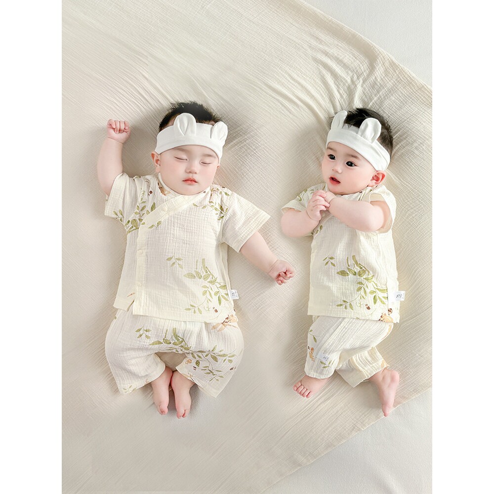 全棉纯棉婴儿汉服套装夏季薄款纱布纯棉短袖短裤中式分体衣服新生