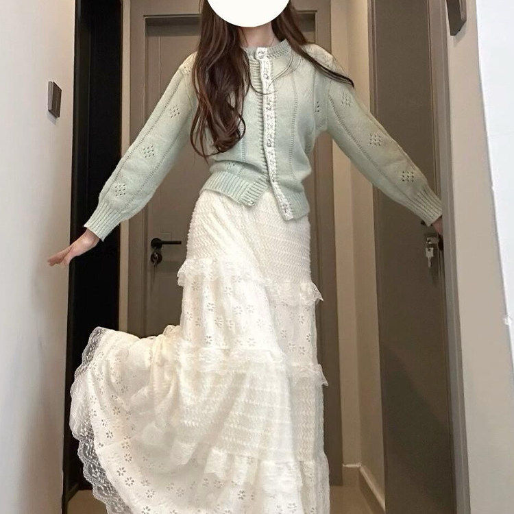 白色蕾丝拼接半身裙女高腰显瘦A字蛋糕裙中长款法式半裙女士长裙