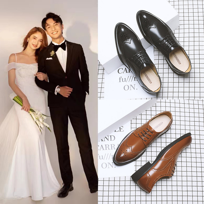 LEATHER SHOES MENS 2024 BROGUE CARVED WEDDING GROOM SHOES KOREAN VERSION OF THE TREND OF 100 SUITS AND HAIRSTYLISTS MENS SHOES