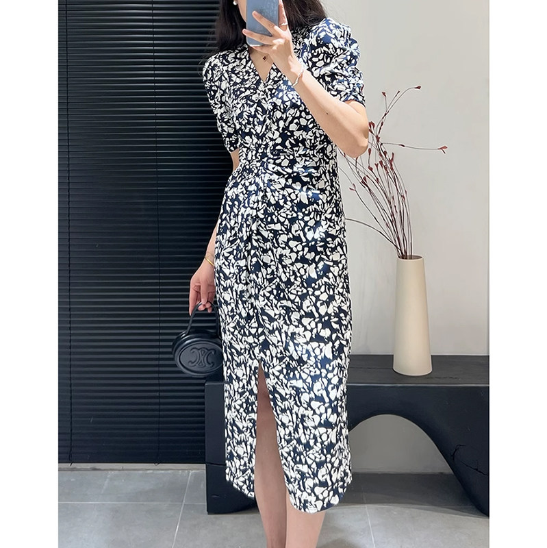 艾诺丝专柜正品2024夏通勤V领碎花开叉中长茶歇裙连衣裙40519057