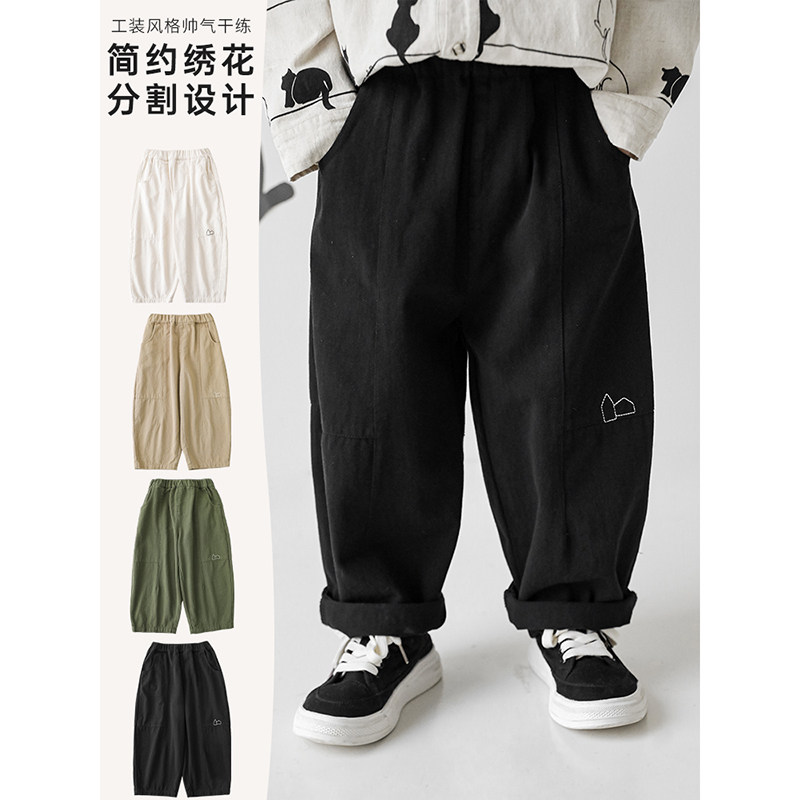 幼悠男童简约绣花立体层次分割设计工装风帅气休闲裤春季儿童裤子