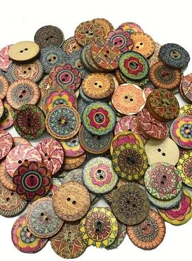 100pcs, 20mm Vintage Wooden Buttons Colorful Painted Craft W