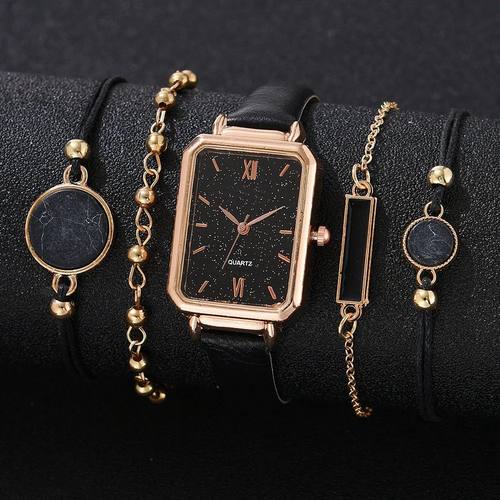 5PCS Women Watches Set New Rose Gold Green Ladies Bracelet W