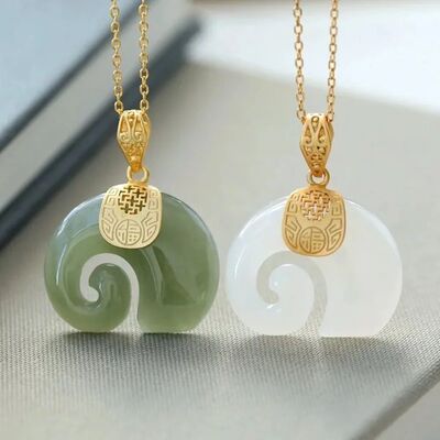 Boutique Natural Stone Hetian Jade Elephant Pendant 18K Gold
