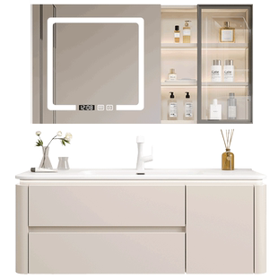 奶油风浴室柜陶瓷一体盆卫生间洗脸盆柜组合圆弧洗漱台洗手台盆柜