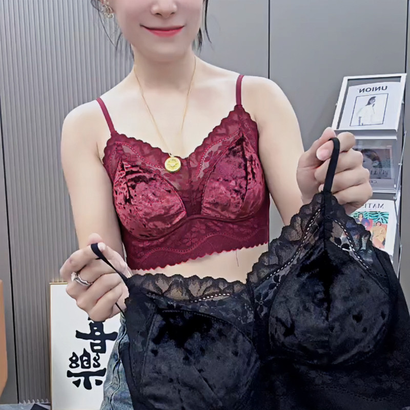 蕾丝拼接复古丝绒磨毛吊带带胸垫内衣女新品背心内搭性感打底美背