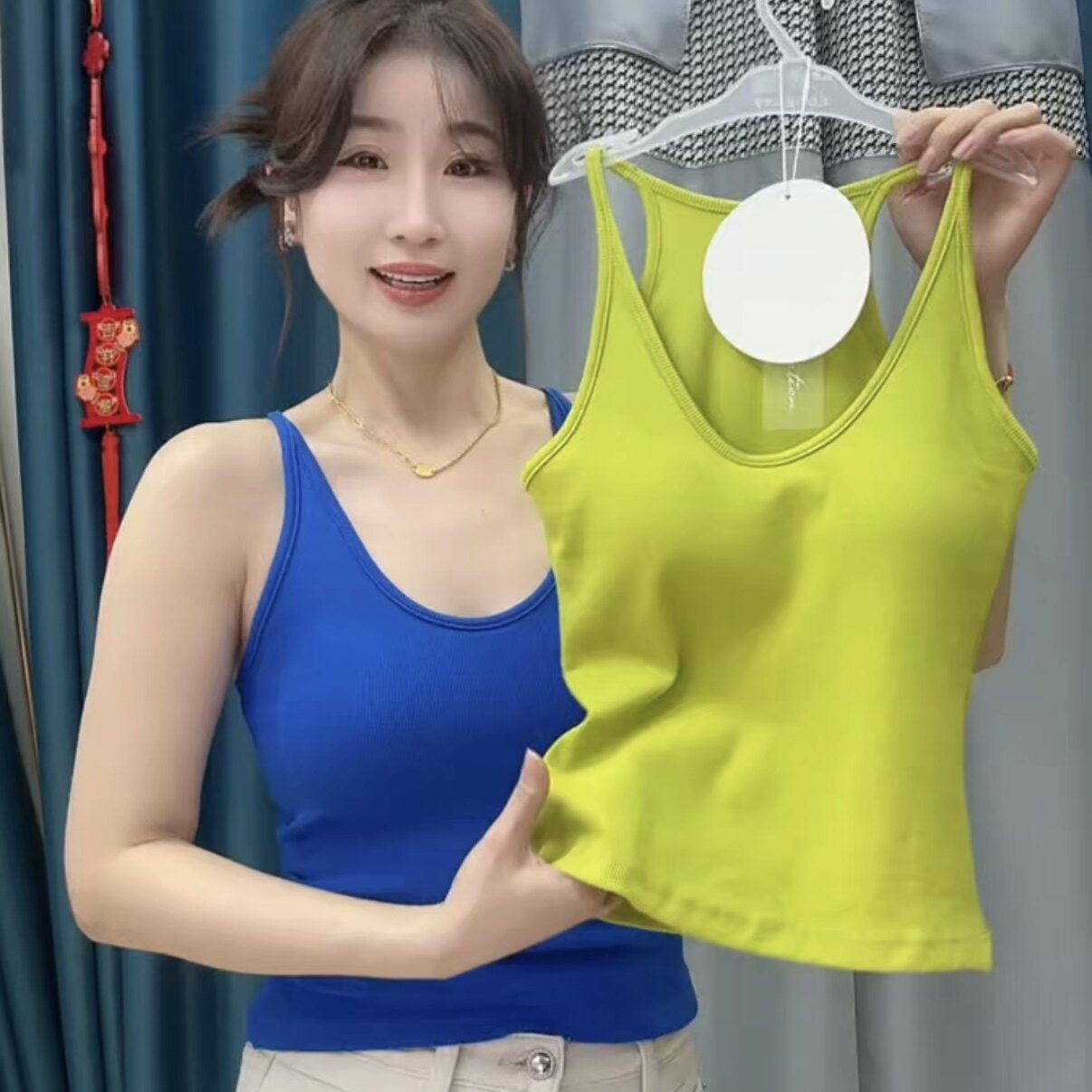 挂脖吊带背心纯棉女修身显瘦美背一体式固定胸垫内搭外穿上衣