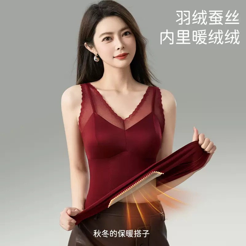 秋冬新品恒温蕾丝保暖背心带胸垫一体式加绒V领修身打底女士内衣