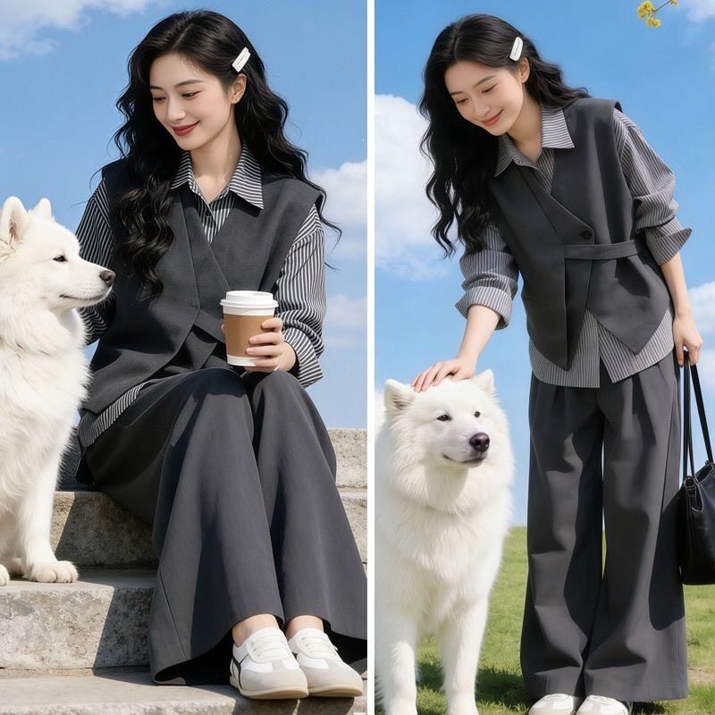 胖mm秋季显瘦马甲衬衫阔腿三件套