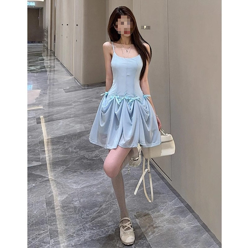 法式蓝色吊带连衣裙女夏