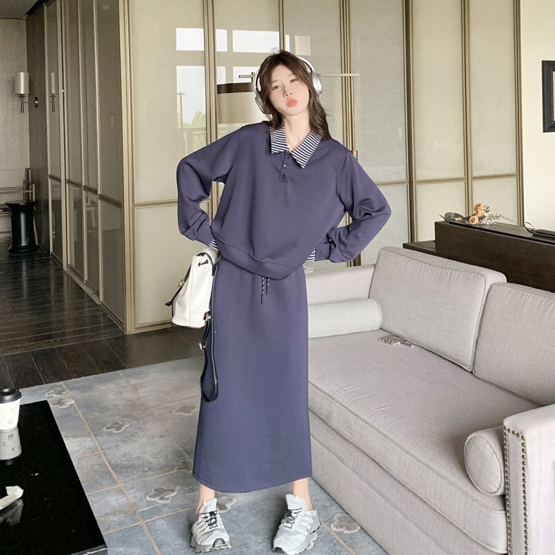 韩系慵懒假两件卫衣长裙套装女