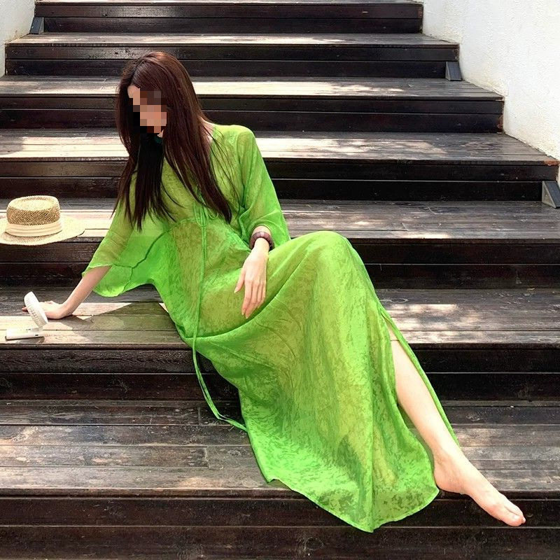 慵懒风V领绿色连衣裙女20
