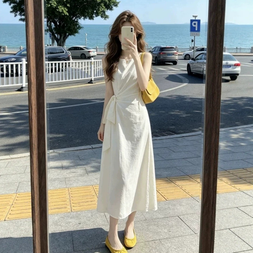 夏季韩系温柔白色收腰显瘦连衣裙