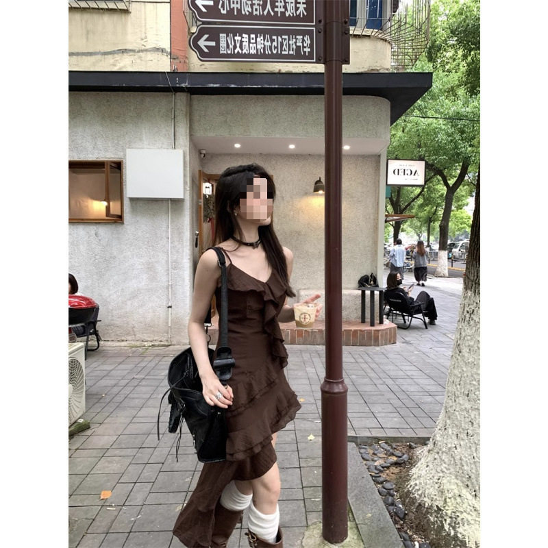 法式荷叶边吊带连衣裙女