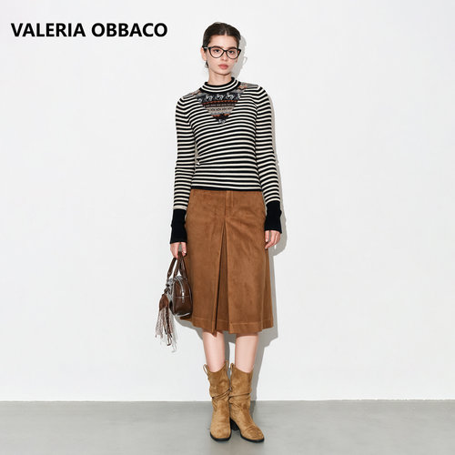 Valeria Obbaco奥贝科VO焦糖棕麂皮工字褶半裙半身裙