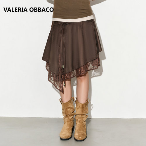 Valeria Obbaco奥贝科VO深焙棕麂皮蕾丝双层不规则半裙半身裙裙子