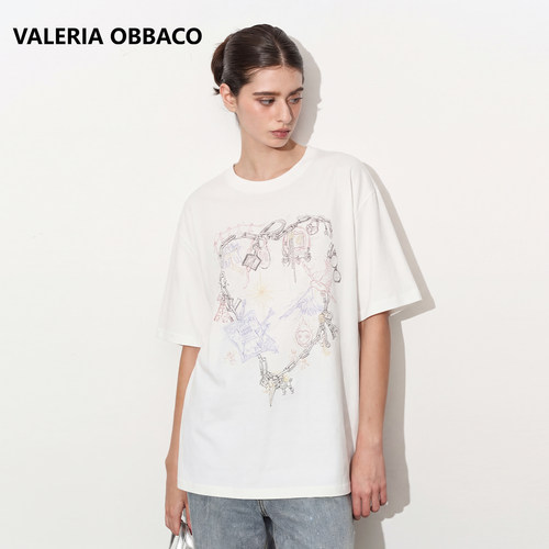 Valeria Obbaco奥贝科时尚设计感白色复古爱心涂鸦高级感短袖T恤