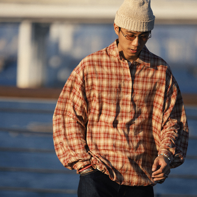 BananaClub“Pullover Shirt”汉麻日系半门襟套头抽绳格纹衬衫