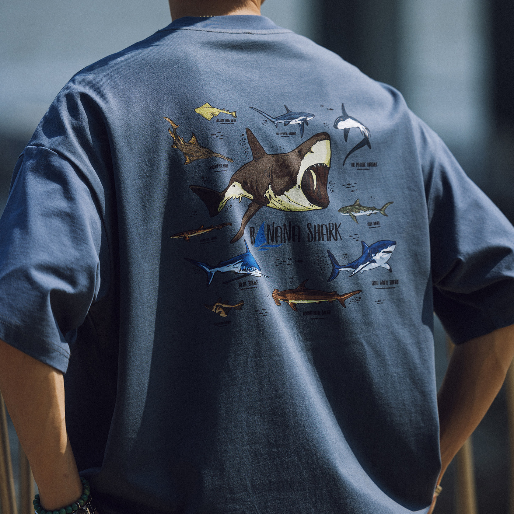 BananaClub"Shark Tee"270g纯棉鲨鱼趣味印花夏季宽松短袖T恤上衣