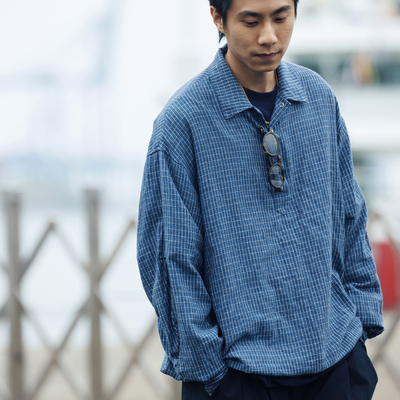 BananaClub“Pullover Shirt”汉麻日系半门襟套头抽绳格纹衬衫