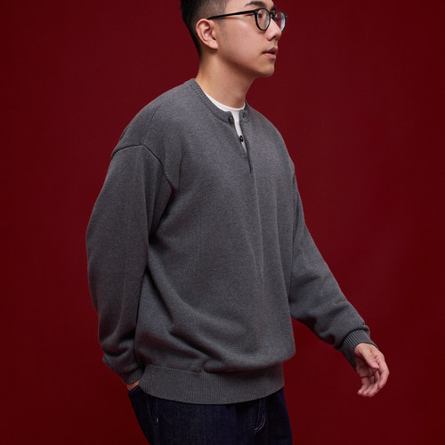 BananaClub“Buttons Knit”纯棉复古亨利领休闲针织衫长袖T恤