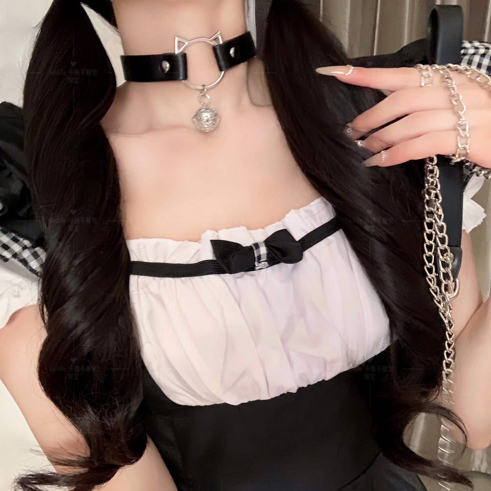 猫咪铃铛牵引绳颈圈女颈带链子choker皮质锁骨链颈环项链K9脖圈