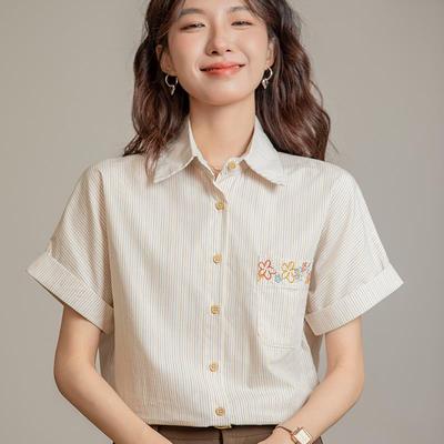 法式设计感小众纯棉绣花条纹短袖衬衫女夏季2025新款休闲通勤上衣