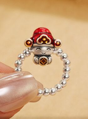 足银S999小财神戒指指环珠宝众设计银珠新年钻石彩色滴胶弹力