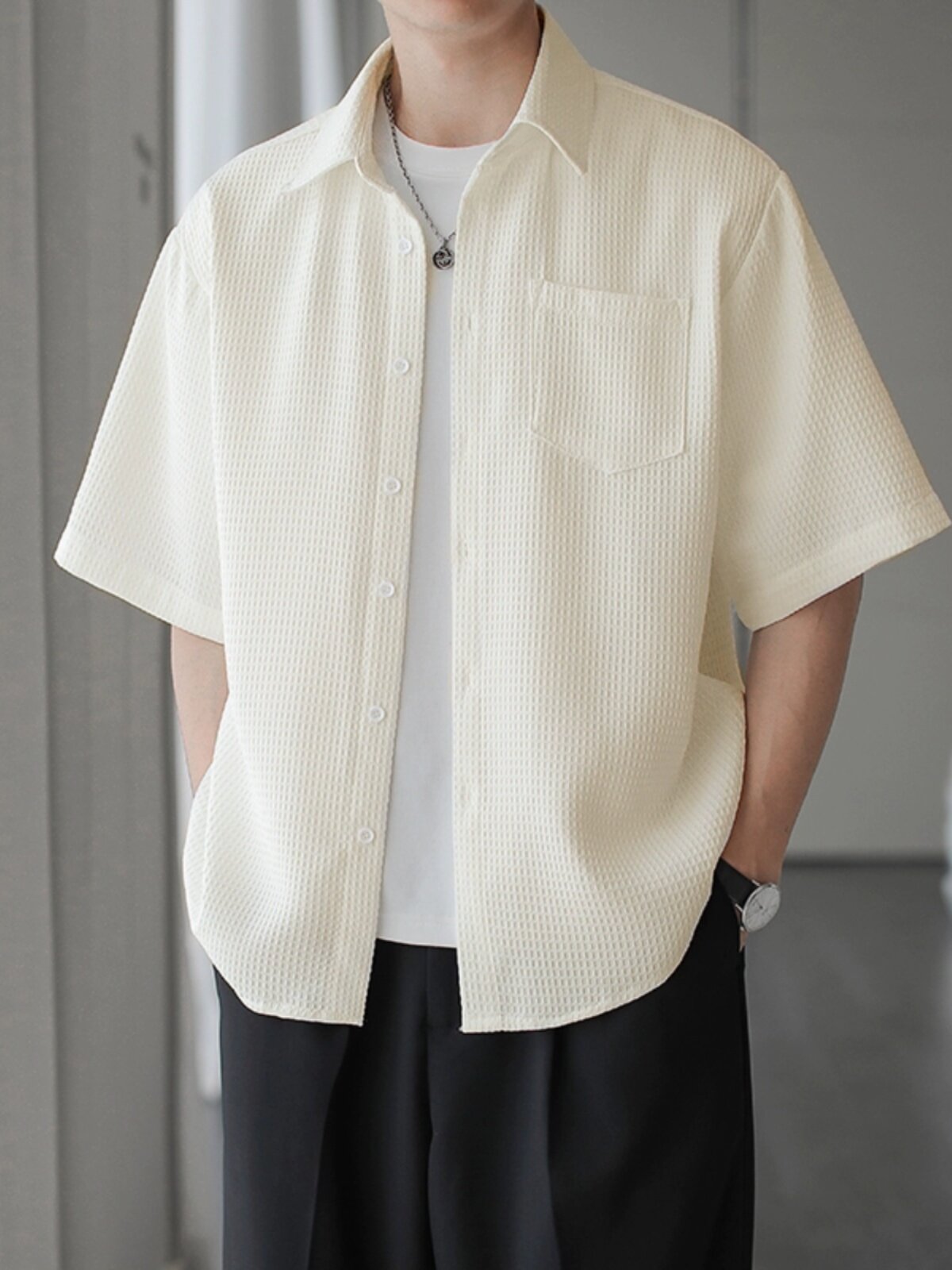 华夫格短袖衬衫男夏季简约高级感半袖上衣外套男港风休闲翻领衬衣