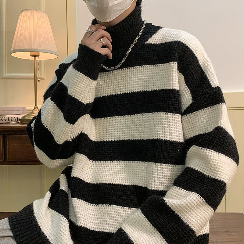 黑白条纹高领毛衣男日系复古慵懒高级感针织衫ins撞色拼接毛线衣a