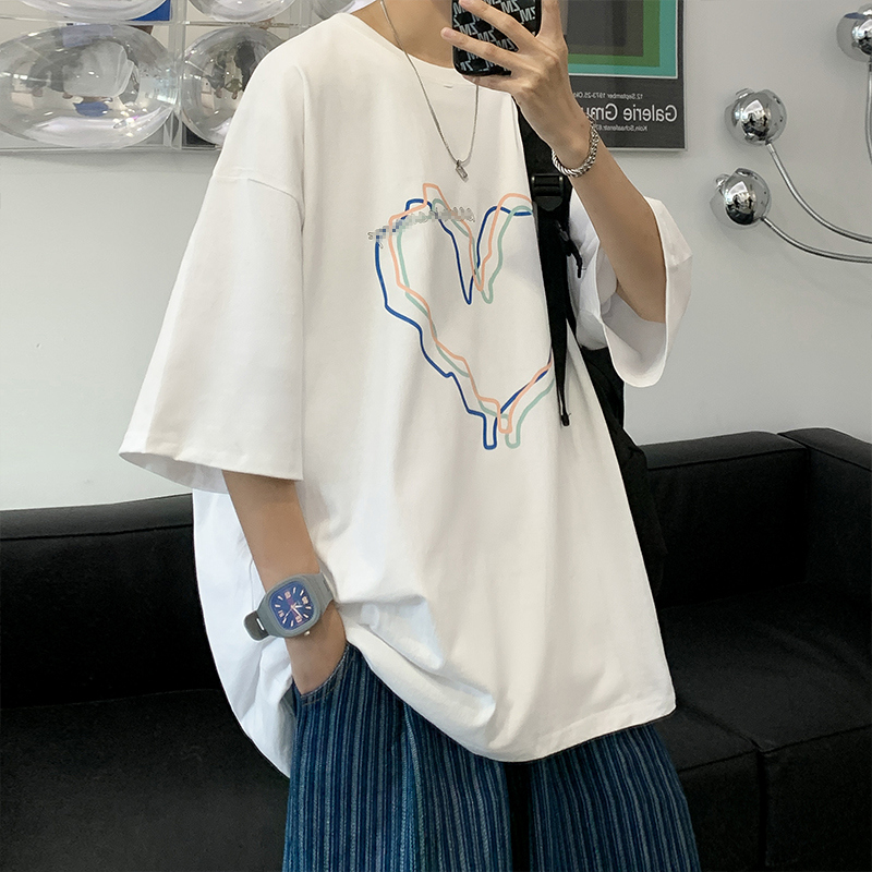 爱心重磅短袖t恤男款夏季大码宽松上衣服潮牌潮流青少年半袖体恤