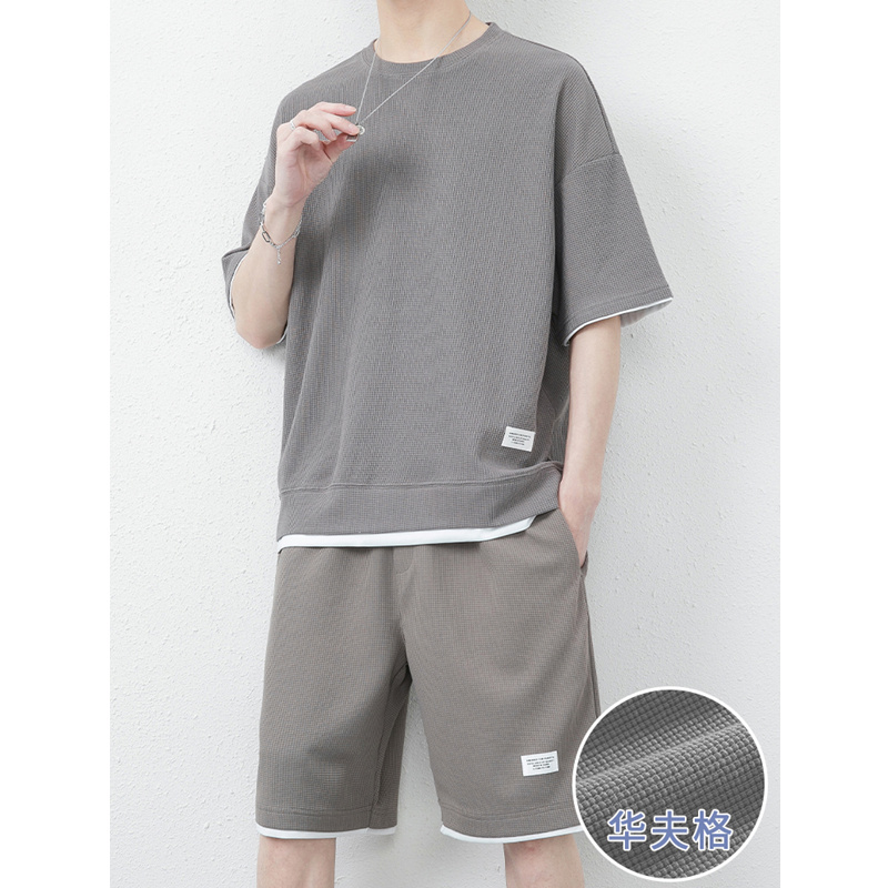 华夫格短裤套装男士夏季冰丝短袖男装一套搭配帅气潮牌休闲运动服