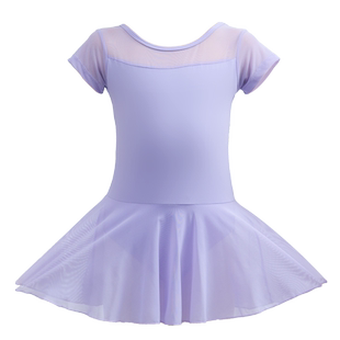 儿童舞蹈服短袖连衣裙女童芭蕾舞裙跳舞紫色夏季连体练功服网纱裙