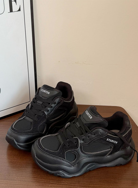 港风情侣黑色老爹鞋女2025冬季新款厚底运动休闲鞋百搭轻便跑鞋潮