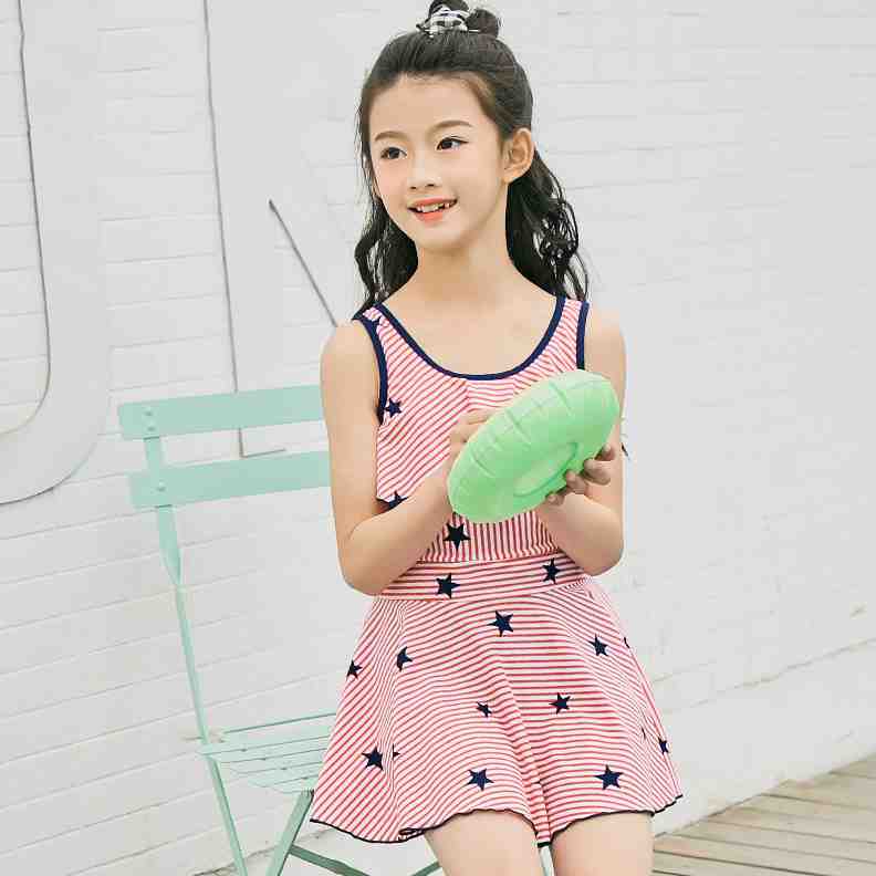 艾沿儿童泳衣女女童连体裙式速干条纹无袖可爱荷叶边女大童泳衣女